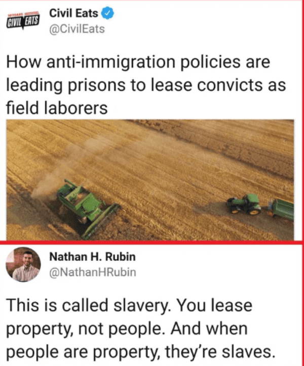 savage comments - soil - Civil Eats Civil Eats How antiimmigration policies are leading prisons to lease convicts as field laborers Nathan H. Rubin This is called slavery. You lease property, not people. And when people are property, they're slaves.