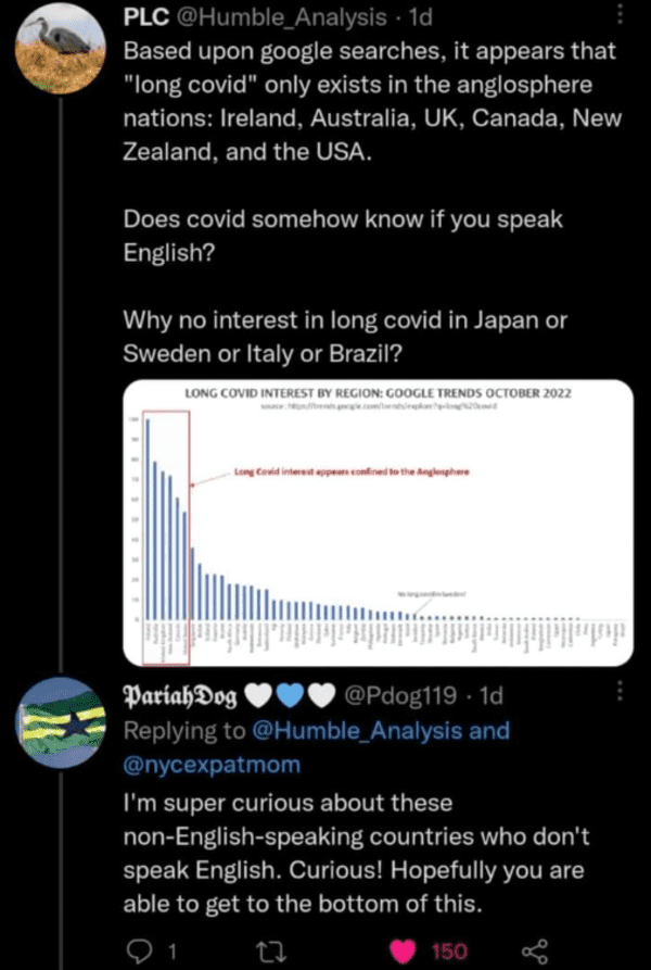 savage comments - screenshot - Plc . 1d Based upon google searches, it appears that "long covid" only exists in the anglosphere nations Ireland, Australia, Uk, Canada, New Zealand, and the Usa. Does covid somehow know if you speak English? Why no interest
