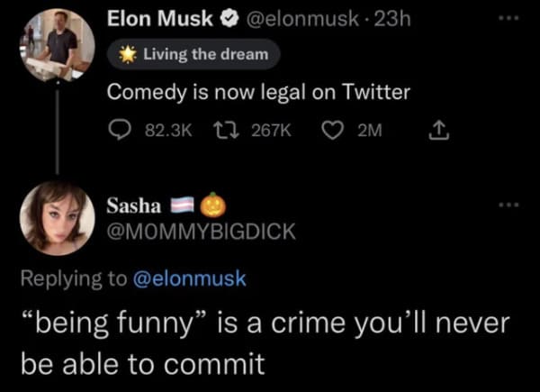 savage comments - Elon Musk - Elon Musk 23h Living the dream Comedy is now legal on Twitter 2M Sasha "being funny" is a crime you'll never be able to commit
