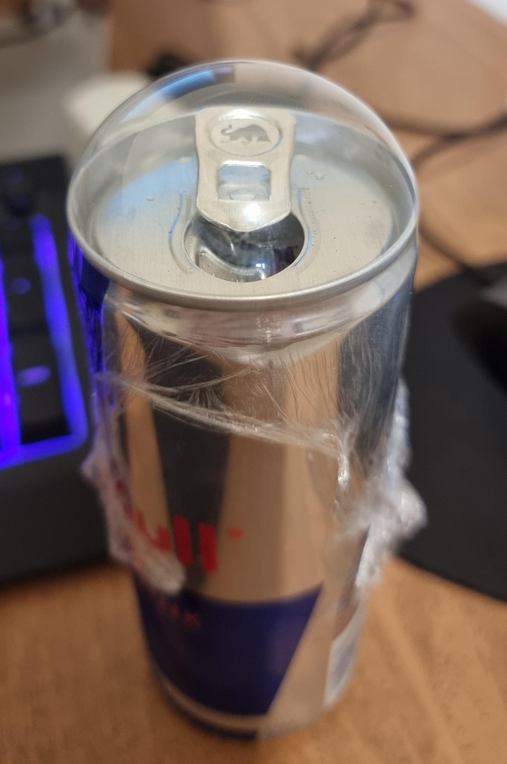 ’’Covered the Red Bull can with food nylon to keep it carbonated and got a perfect bubble.’’