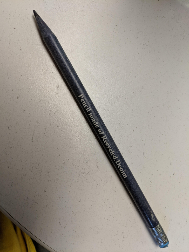 ’’This pencil is made from recycled denim.’’