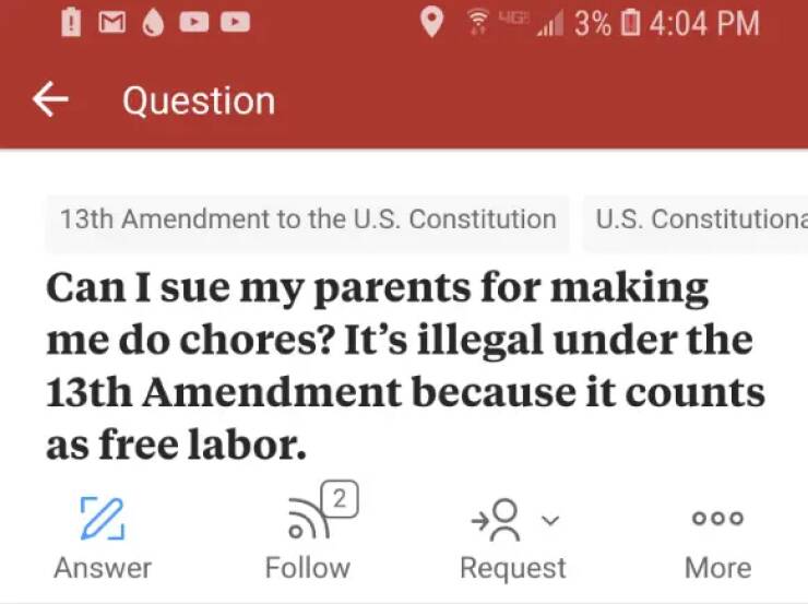 Entitled brat kids - Amendment to the U.S. Constitution U.S. Constitutiona Can I sue my parents for making me do chores? It's illegal under the 13th Amendment because it counts as free labor.
