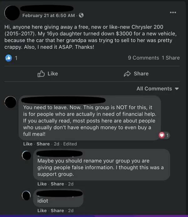 Entitled brat kids - screenshot - February 21 at Hi, anyone here giving away a free, new or new Chrysler 200 . My 16yo daughter turned down $3000 for a new vehicle, because the car that her grandpa was trying to sell to her was pretty crappy. Also, I need