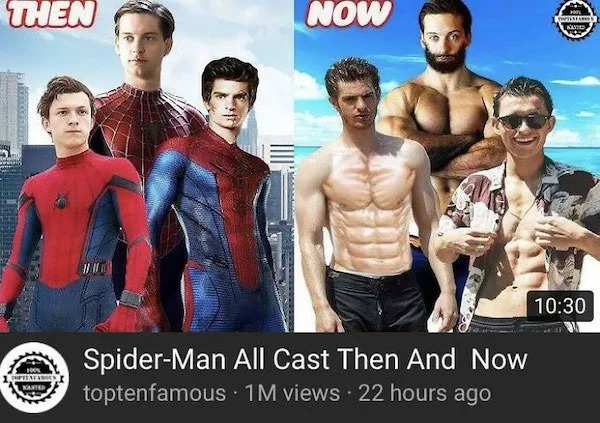 clearly fake thumbnails - muscle - Then Hol Doptextamies Wanted Now SpiderMan All Cast Then And Now toptenfamous 1M views 22 hours ago Topten Wanted