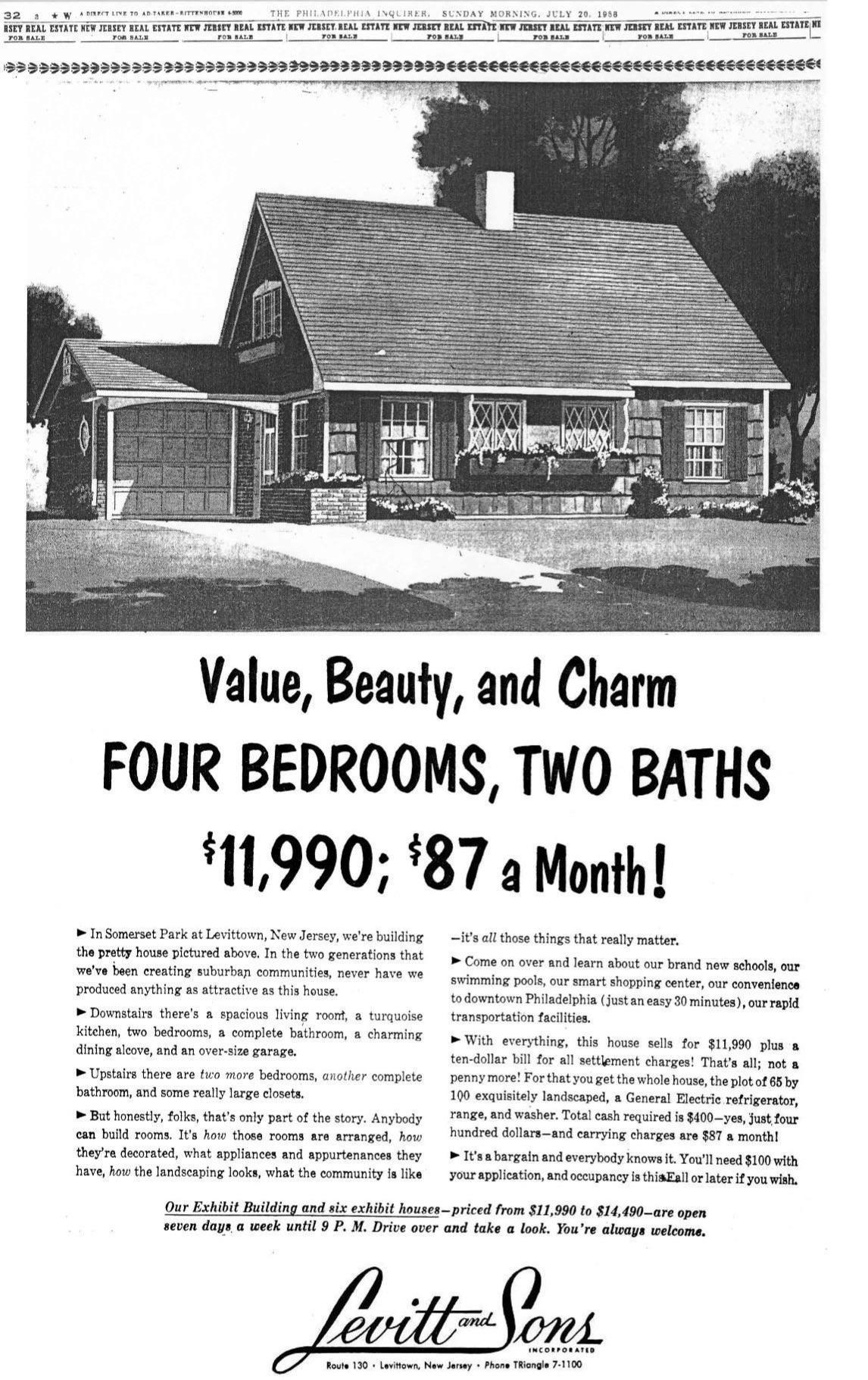 Ad for a 4-bedroom home in 1958