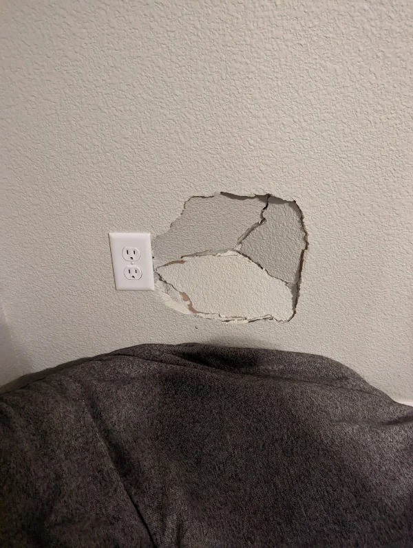 “My dog got the zoomies… He likes to run to his bed and back. He went a little too hard this time. Dog is fine, but the wall is not.”