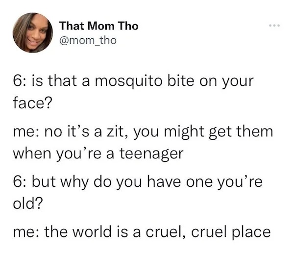 dank memes - biggie was fat tweet - That Mom Tho 6 is that a mosquito bite on your face? ... me no it's a zit, you might get them when you're a teenager 6 but why do you have one you're old? me the world is a cruel, cruel place