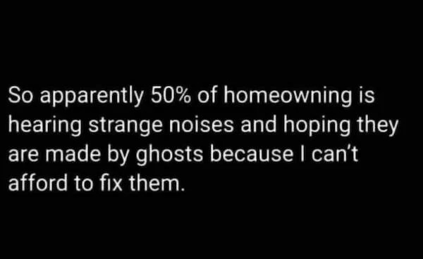 dank memes - eyeliner makes everyone hotter - So apparently 50% of homeowning is hearing strange noises and hoping they are made by ghosts because I can't afford to fix them.