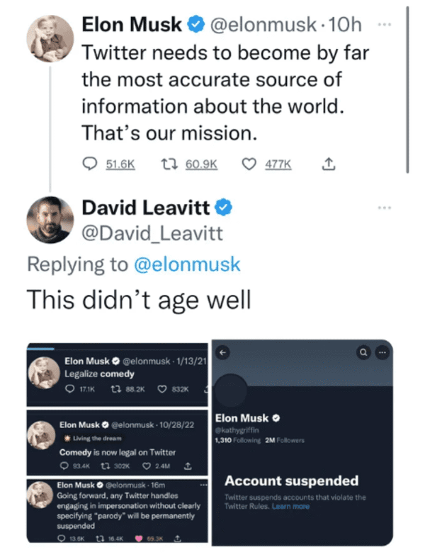 savage comments - media - Elon Musk 10h Twitter needs to become by far the most accurate source of information about the world. That's our mission. David Leavitt This didn't age well Elon Musk 11321 Legalize comedy 12 Elon Musk 102822 Living the dream Com