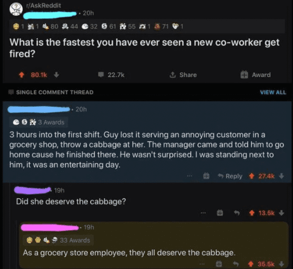 savage comments - screenshot - rAskReddit 20h 80 44 32 661 551 71 1 What is the fastest you have ever seen a new coworker get fired? Single Comment Thread 20h 19h Did she deserve the cabbage? 19h 3 Awards 3 hours into the first shift. Guy lost it serving 