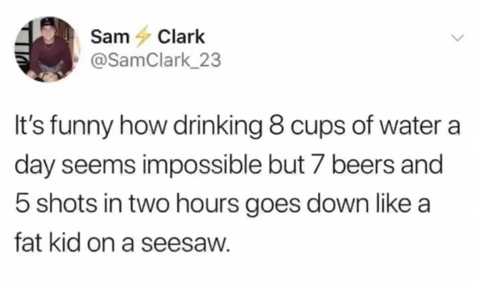 oddly specific posts - reddit funny tweets - Sam Clark It's funny how drinking 8 cups of water a day seems impossible but 7 beers and 5 shots in two hours goes down a fat kid on a seesaw.