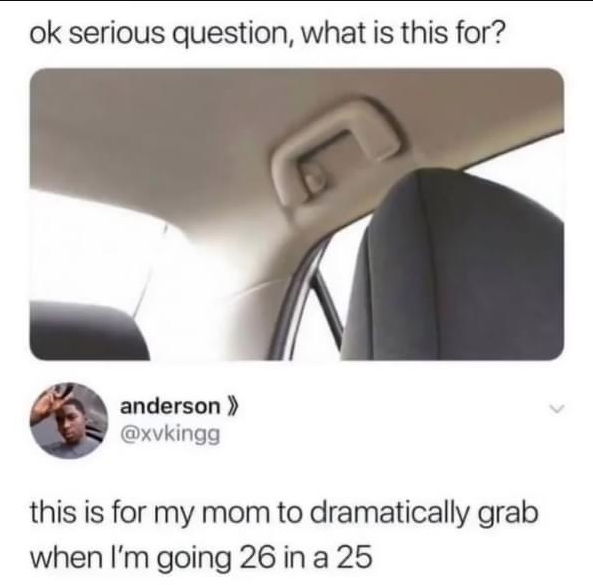 oddly specific posts - funny new car tweets - ok serious question, what is this for? anderson >> this is for my mom to dramatically grab when I'm going 26 in a 25