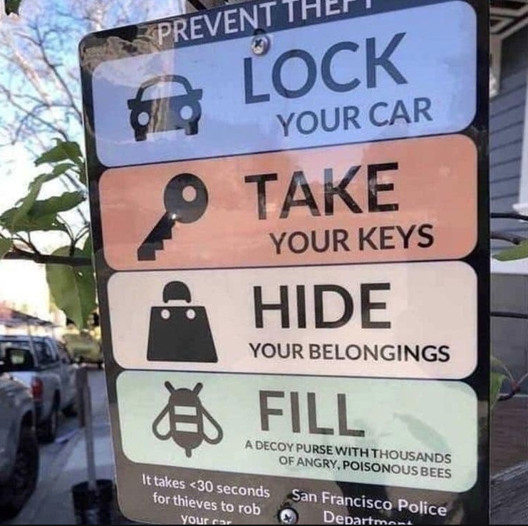 oddly specific posts - san francisco theft meme - Prevent Th 23 Lock Your Car Take Your Keys Hide Your Belongings Fill A Decoy Purse With Thousands Of Angry, Poisonous Bees It takes