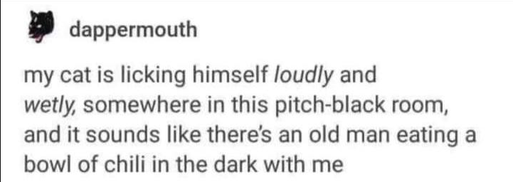oddly specific posts - my cat is licking himself loudly - dappermouth my cat is licking himself loudly and wetly, somewhere in this pitchblack room, and it sounds there's an old man eating a bowl of chili in the dark with me