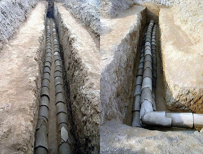 important historical pictures - ceramic water pipes found near epang palace china warring states 5th 3rd century bce
