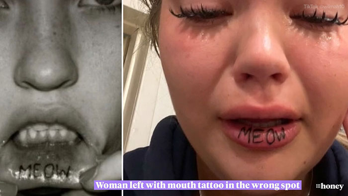 Really Bad Tattoos - meow tattoo lip - Meow TikTok with mouth tattoo in the wrong spot