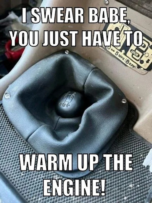 spicy and NSFW memes tantric tuesday - photo caption - I Swear Babe, You Just Have To 15 Lock 5 Mph 8KPH Warm Up The Engine!