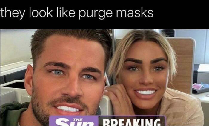 Fake people on Instagram - katie price and carl woods - they look purge masks Si She Breaking