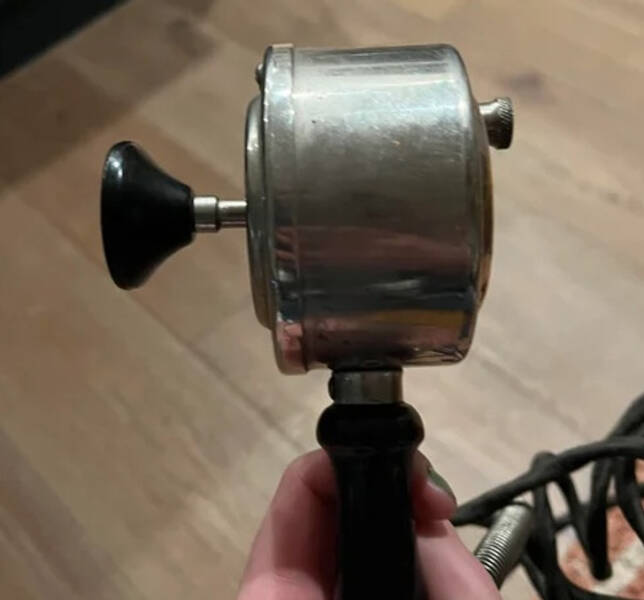 “Someone gave this to my friend. It’s metal with a plastic round knob/thing coming out of it and a plastic handle. What is this?”

"It’s a 1920s electric massager."