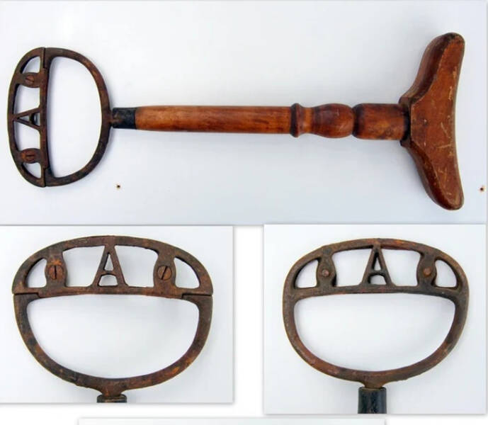 “This was in an estate auction lot. It’s made of wood and has a metal section with the letter A.”

"It’s a tool for softening, making imprints, and cutting leather."