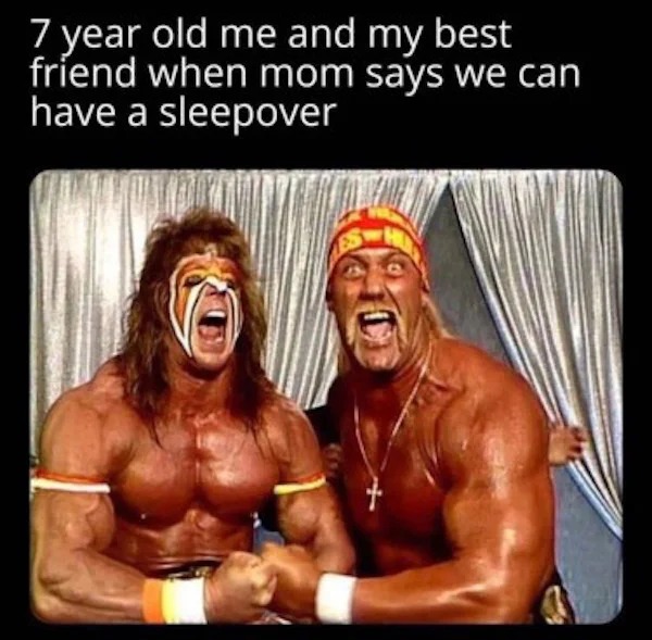 Memes that tell the truth - wrestler - 7 year old me and my best friend when mom says we can have a sleepover