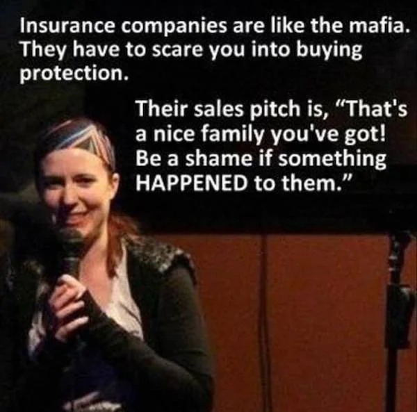Memes that tell the truth - photo caption - Insurance companies are the mafia. They have to scare you into buying protection. Their sales pitch is,