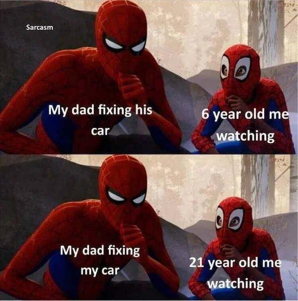 Memes that tell the truth - photo caption - Sarcasm My dad fixing his car My dad fixing my car 6 year old me watching 21 year old me watching