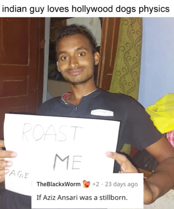 funny reddit roasts - photo caption - indian guy loves hollywood dogs physics Roast Me Page TheBlackxWorm 2.23 days ago If Aziz Ansari was a stillborn.