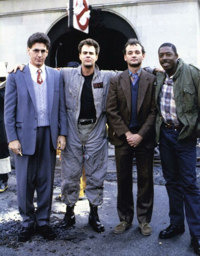 Harold Ramis, Dan Akroyd, Bill Murray And Ernie Hudson, The Original Ghostbusters, Outside The Firehouse (1984).