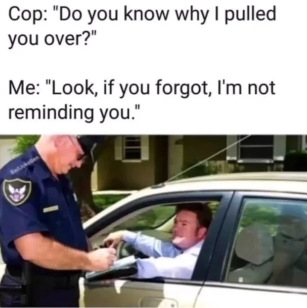 relatable memes - they pull you over memes - Cop "Do you know why I pulled you over?" Me "Look, if you forgot, I'm not reminding you."
