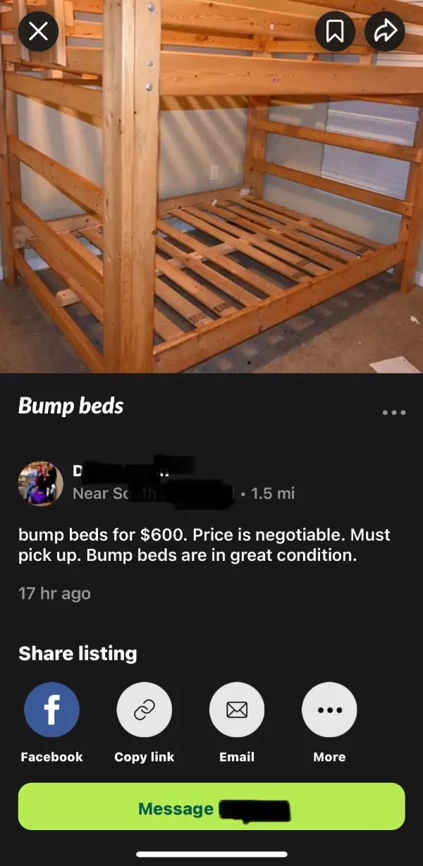 beds D Near South, listing f bump beds for $600. Price is negotiable. Must pick up. Bump beds are in great condition.