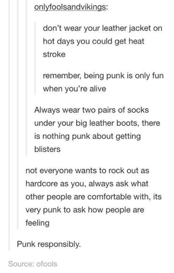 Comments That Are Absolutely On Point - punk tumblr memes - odon't wear your leather jacket on hot days you could get heat stroke remember, being punk is only fun when you're alive Always wear two pairs of socks under your big leather boots, there is noth