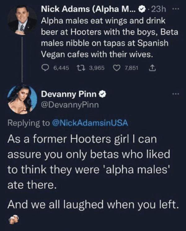 Comments That Are Absolutely On Point - Alpha males eat wings and drink beer at Hooters with the boys, Beta males nibble on tapas at Spanish Vegan cafes with their wives.