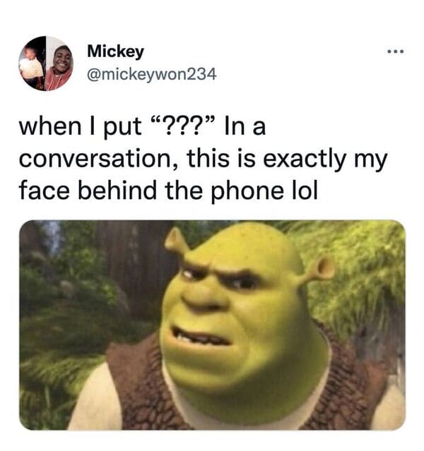 funny tweets - photo caption - Mickey when I put "??? In a conversation, this is exactly my face behind the phone lol