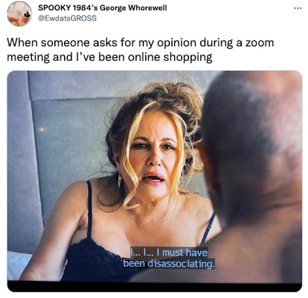 funny tweets --  Internet meme - Spooky 1984's George Whorewell When someone asks for my opinion during a zoom meeting and I've been online shopping I... I... I must have been disassociating.