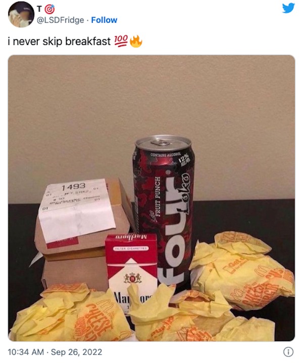 funny tweets - never skip breakfast fourloko - To i never skip breakfast 100 By Df 1493 Py Shop O M Way Cheese acomp Contains Alcon Ma or Fruit Punch 12% Kem . Get