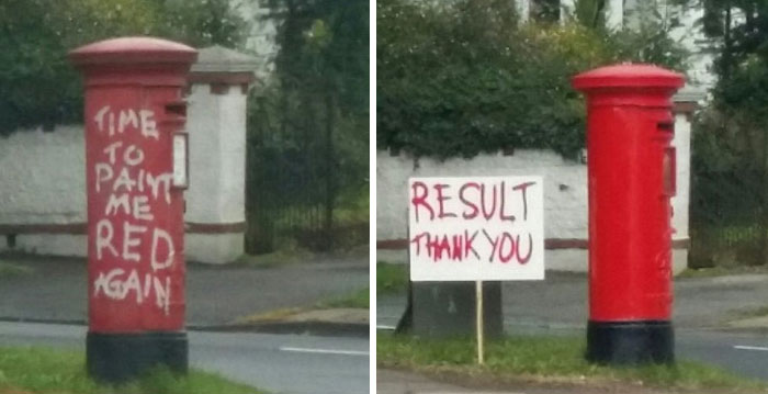 Funny vandalism - sign - Time To Paint Me Red Gain Result Thank You
