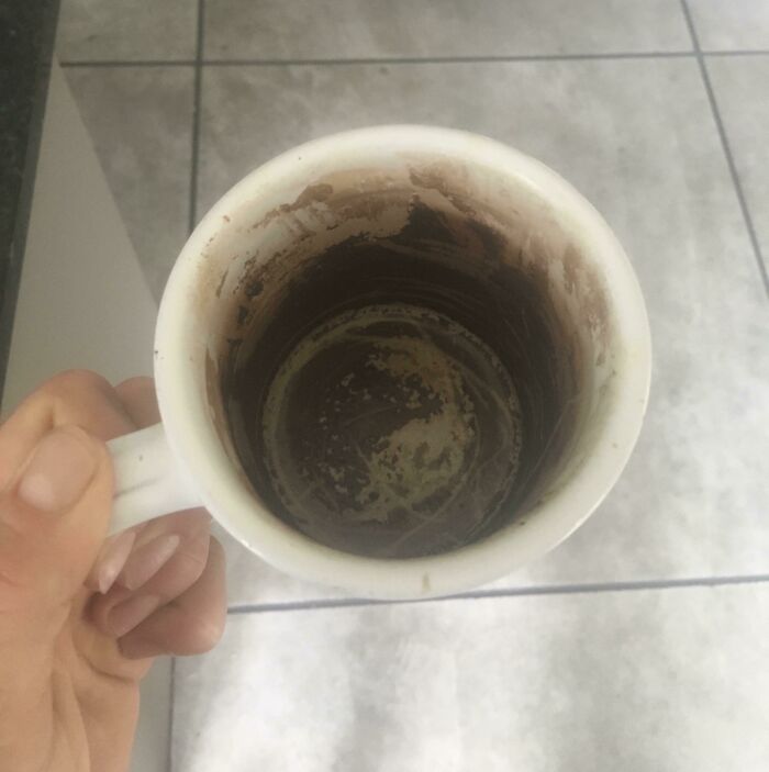 My Flatmate's Cup. Which He Refuses To Clean. What You're Seeing Is Layers Upon Layer Of Old Milky English Breakfast Tea. Months Worth