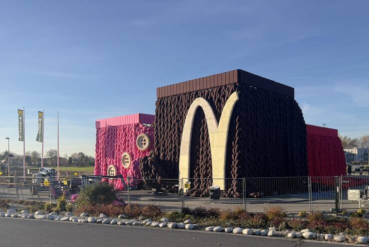 A cloth facade on an under construction McDonalds.