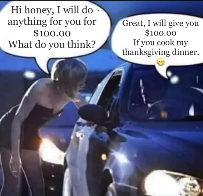 vehicle door - Hi honey, I will do anything for you for $100.00 What do you think? Great, I will give you $100.00 If you cook my thanksgiving dinner.