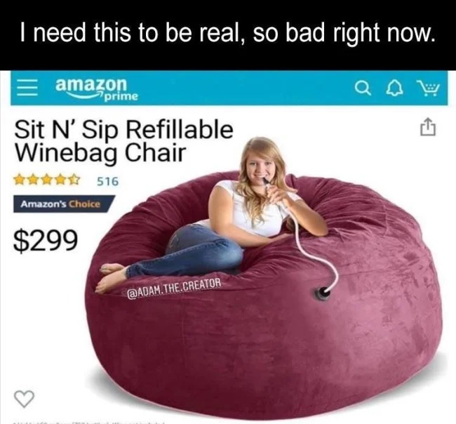 sit n sip refillable wine bag chair - I need this to be real, so bad right now. amazon prime Sit N' Sip Refillable Winebag Chair 516 Amazon's Choice $299 .The.Creator al