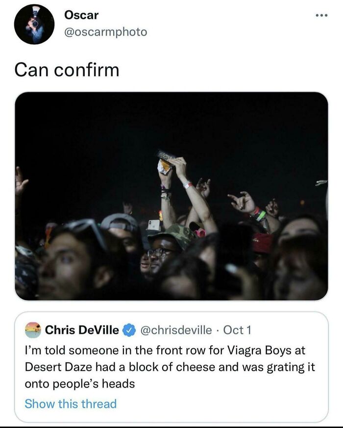 Cringe People Who Think They're Cool - viagra boys cheese - Oscar Can confirm Chris DeVille\Desert Daze had a block of cheese and was grating it onto people's heads Show this thread
