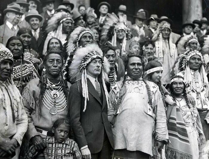New York City Mayor, Jimmy Walker With Members Of The Blackfeet Nation Tribe On The Steps Of City Hall, Oct. 23, 1927