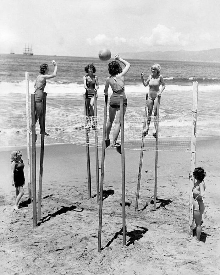 Four Young Women Playing Volleyball On Stilts At The Beach In Venice, California, 1934
