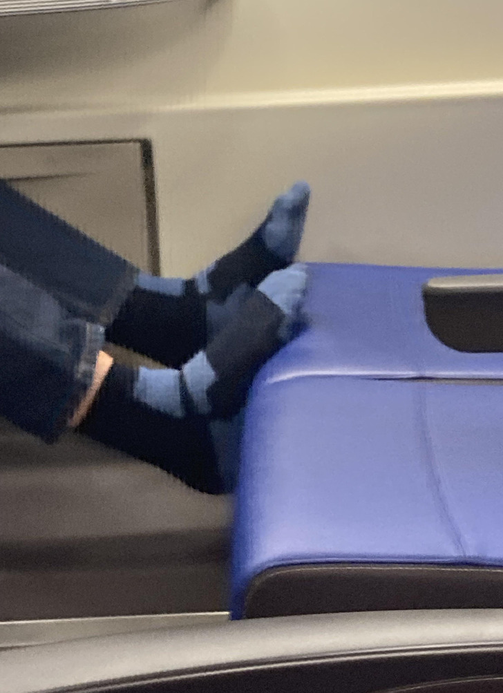 “This man took off his smelly shoes on the train and then put them up on the seat.”