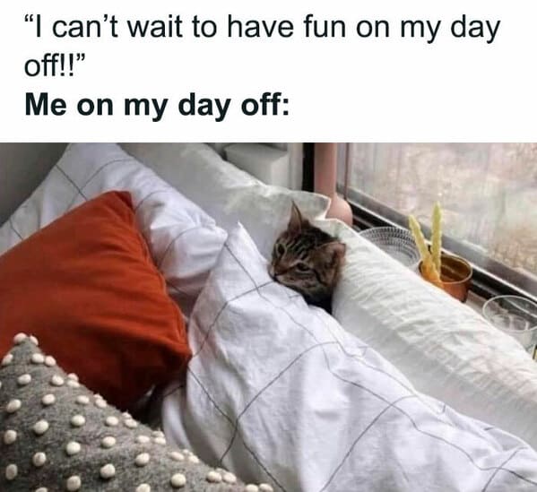 relatable memes - photo caption - "I can't wait to have fun on my day off!!" Me on my day off