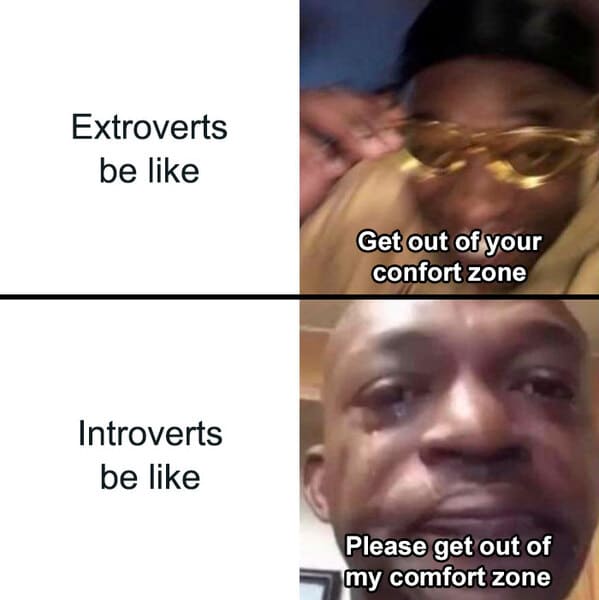 relatable memes - lip - Extroverts be Introverts be Get out of your confort zone Please get out of my comfort zone