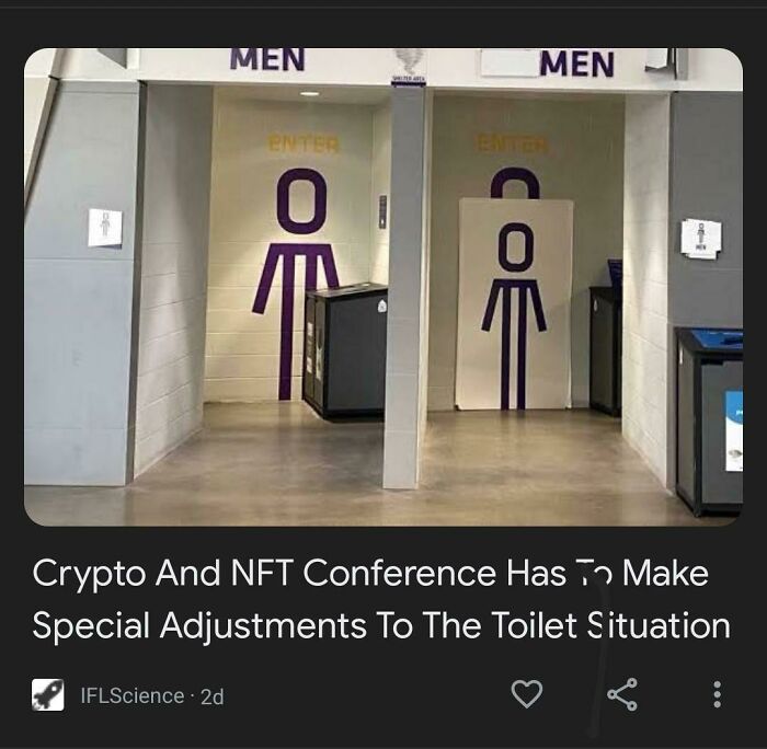 cringe pics - crypto conference toilet - De Men IFLScience 2d 0 Men Enter Coe Of Crypto And Nft Conference Has To Make Special Adjustments To The Toilet Situation