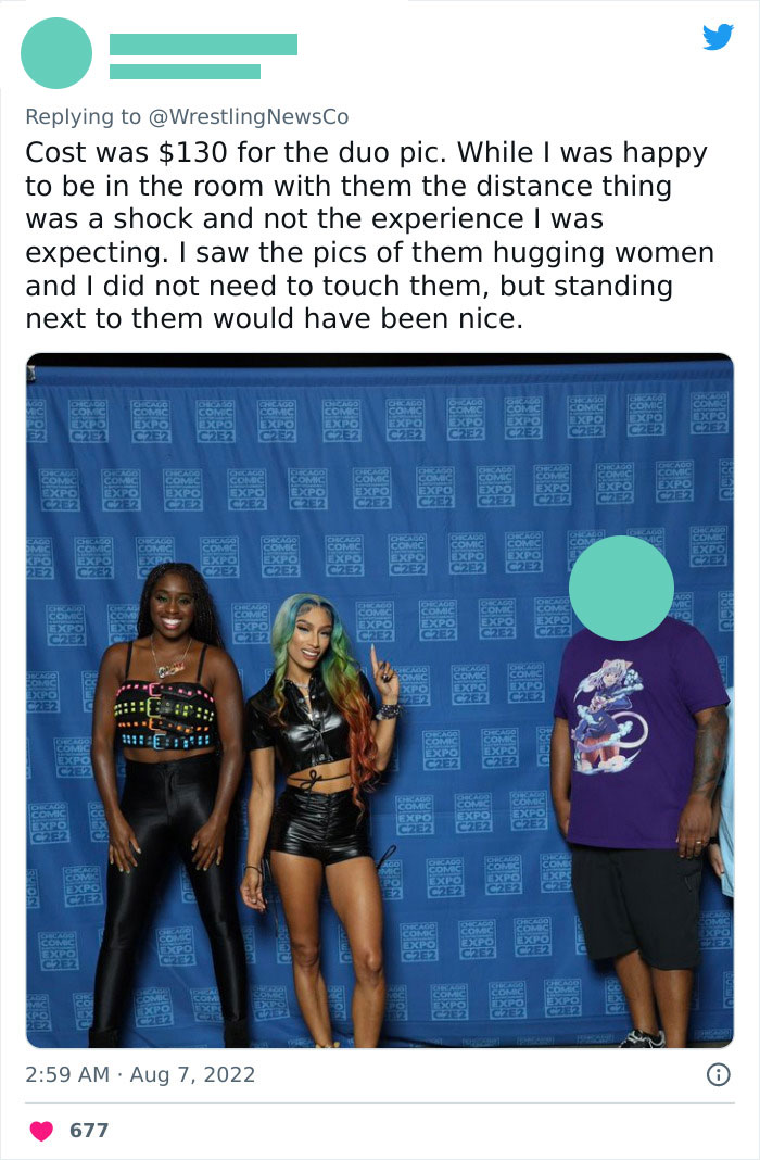 cringe pics - sasha banks fan - NewsCo Cost was $130 for the duo pic. While I was happy to be in the room with them the distance thing was a shock and not the experience I was expecting. I saw the pics of them hugging women and I did not need to touch the
