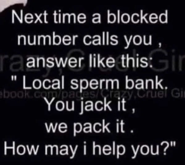spicy memes sultry saturday - funny - Next time a blocked number calls you, raanswer this Gir Local sperm bank. abook.compagesCrazy Cruel Gir You jack it, we pack it. How may i help you?"